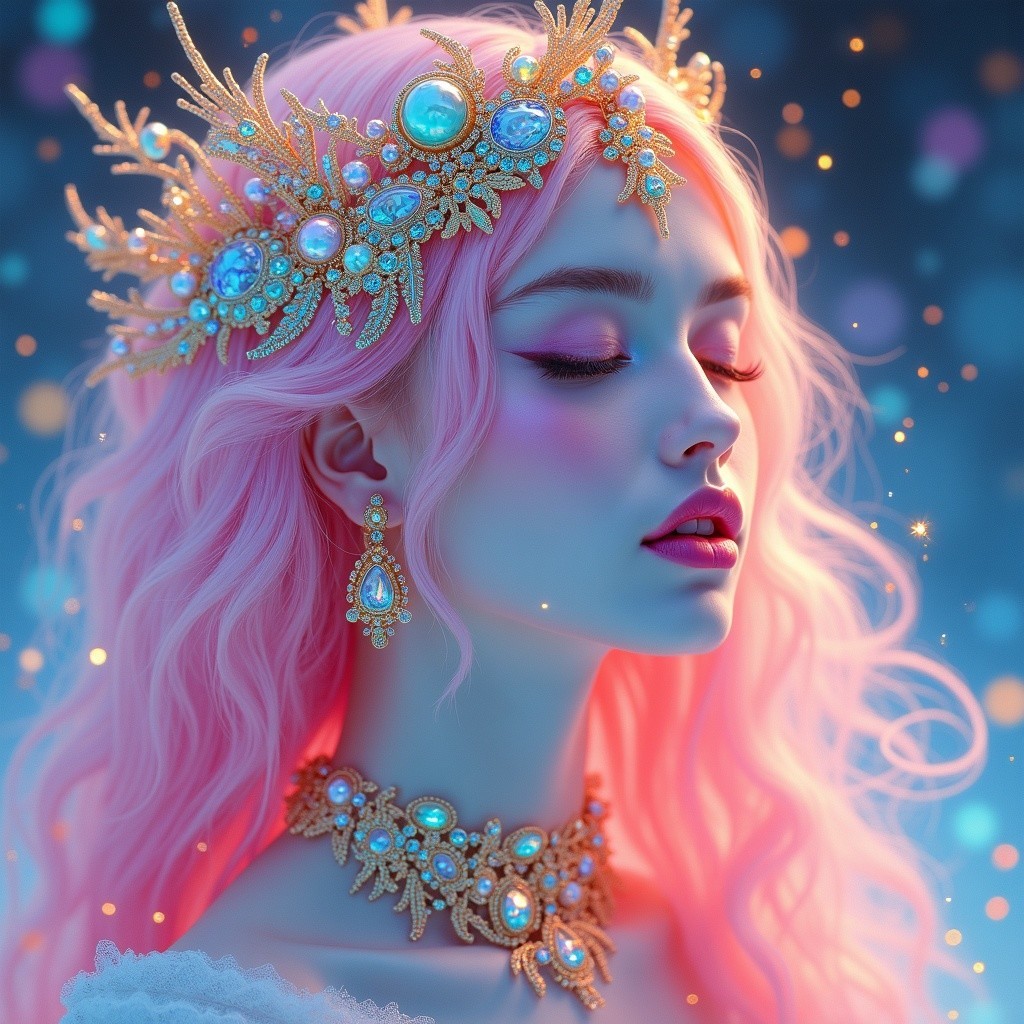 Young woman with pastel pink hair and crown accessories