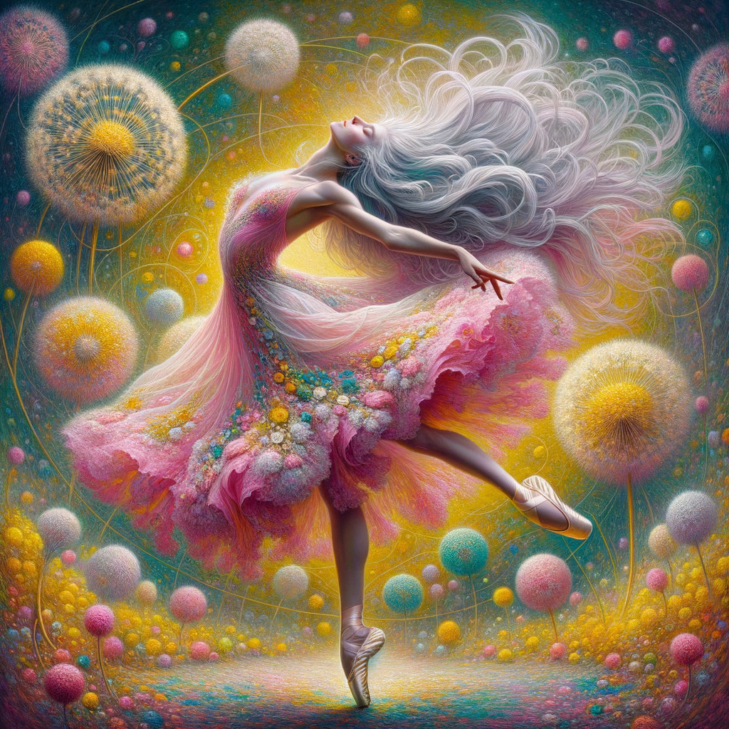 Dancer in Vibrant Dress Among Colorful Dandelions