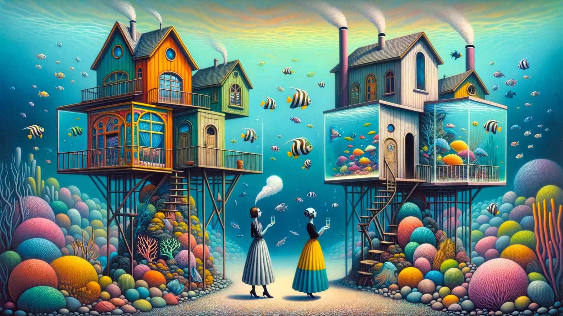 Underwater Landscape with Colorful Houses and Coral Reefs