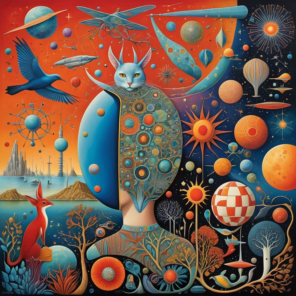 Surreal Cosmic Landscape with Humanoid Cat Figure