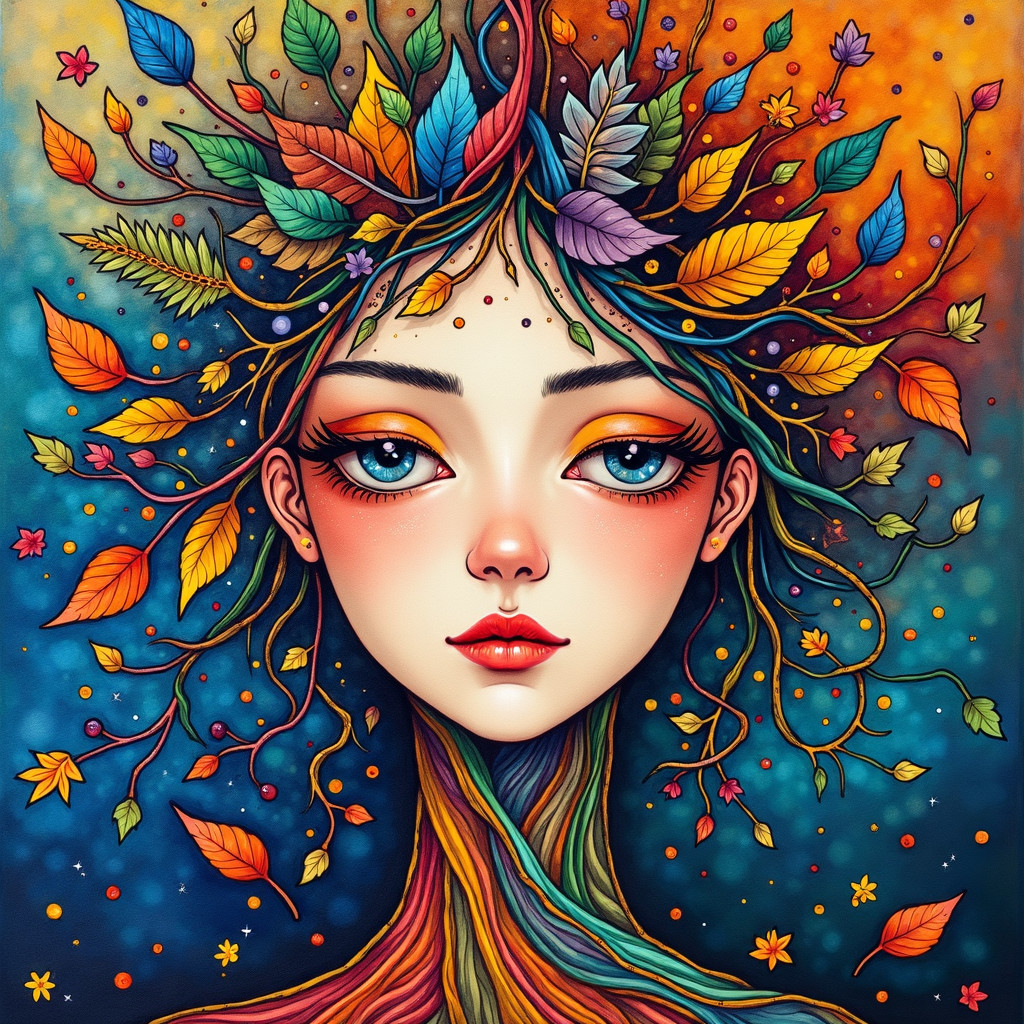 Whimsical Portrait of Woman with Leaf Hair and Vines