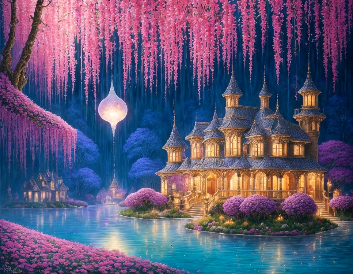 Whimsical mansion with cherry blossoms and serene lake