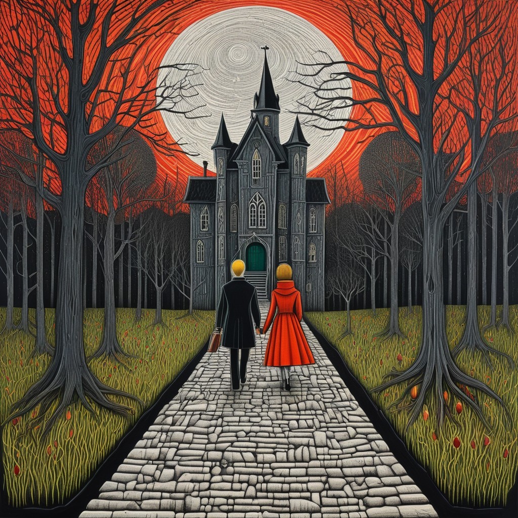 Couple Walking Toward Eerie Mansion Under Full Moon