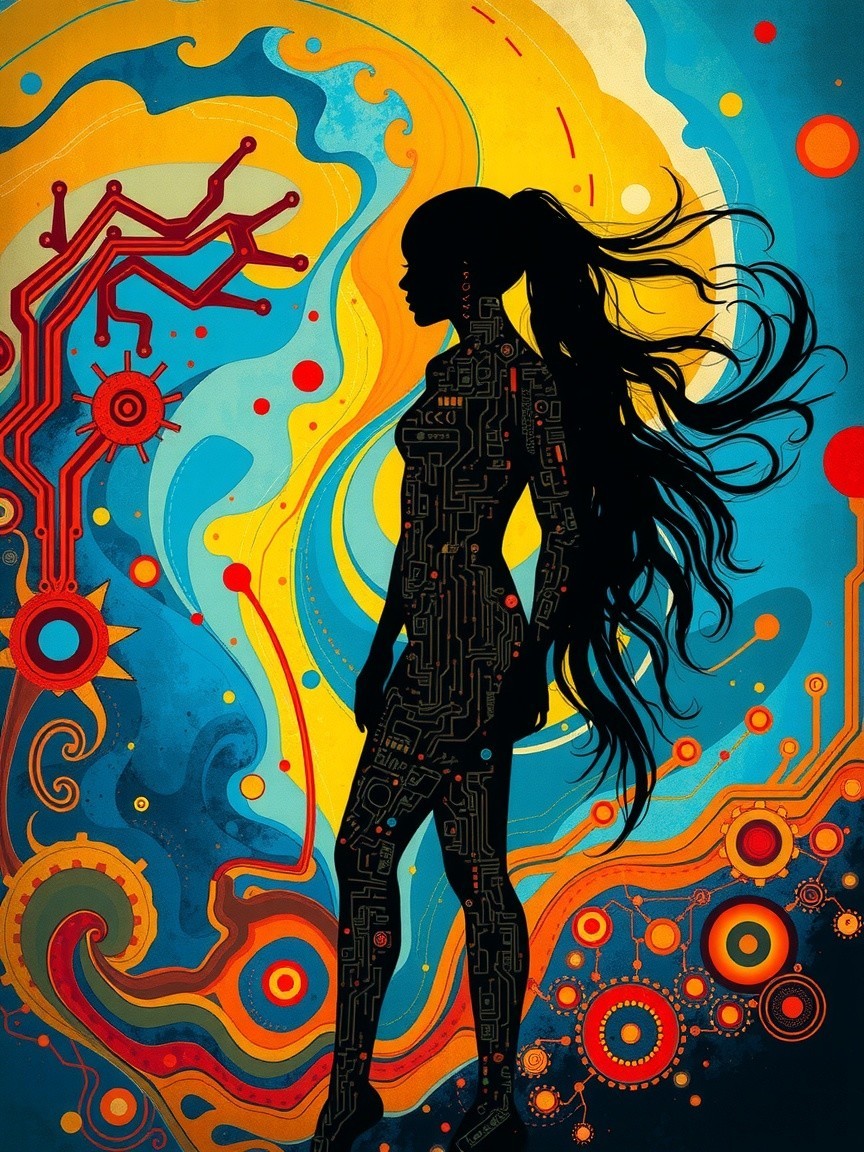 Silhouette of a Woman with Circuit Patterns and Colors