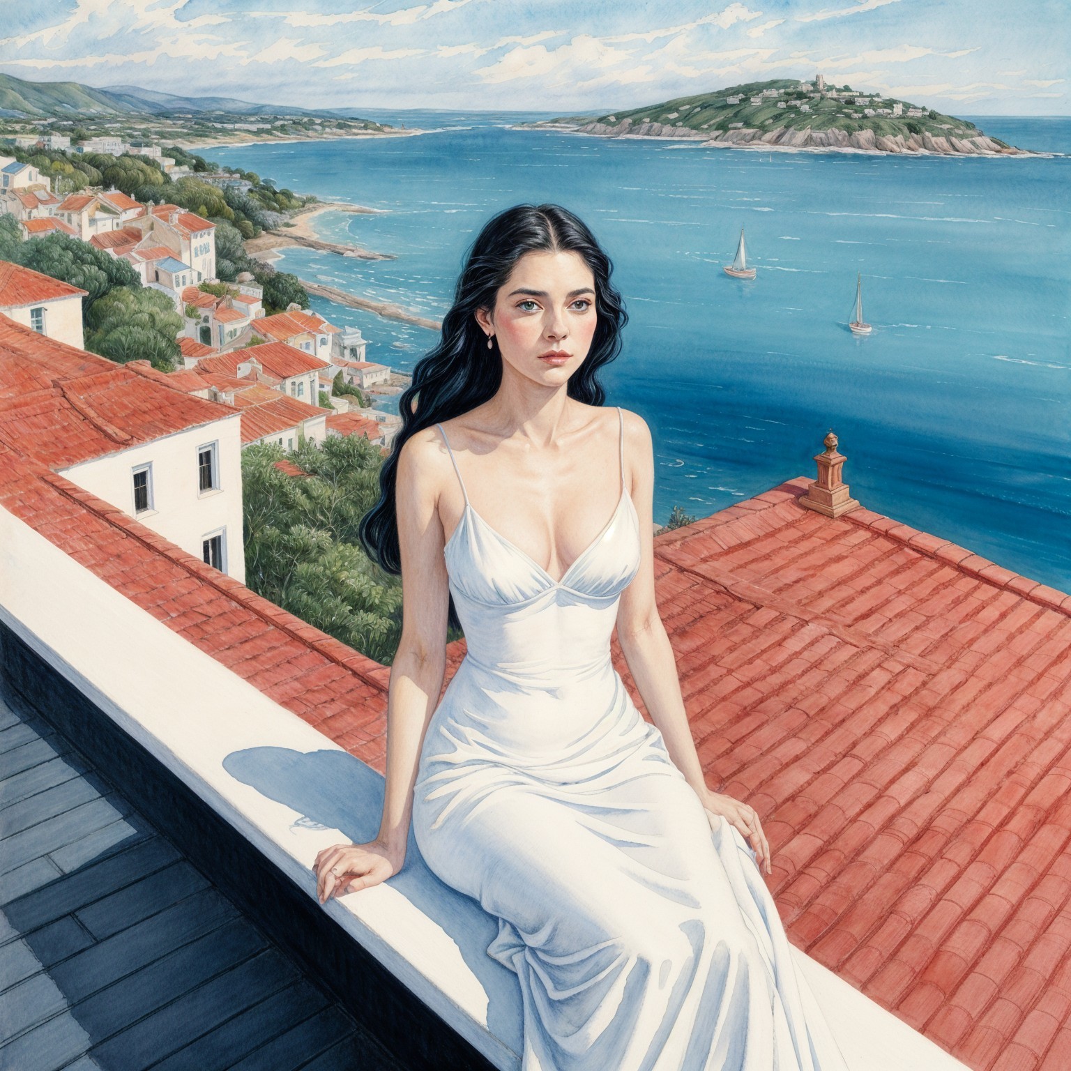 Young Woman in White Dress on Rooftop with Coastal View