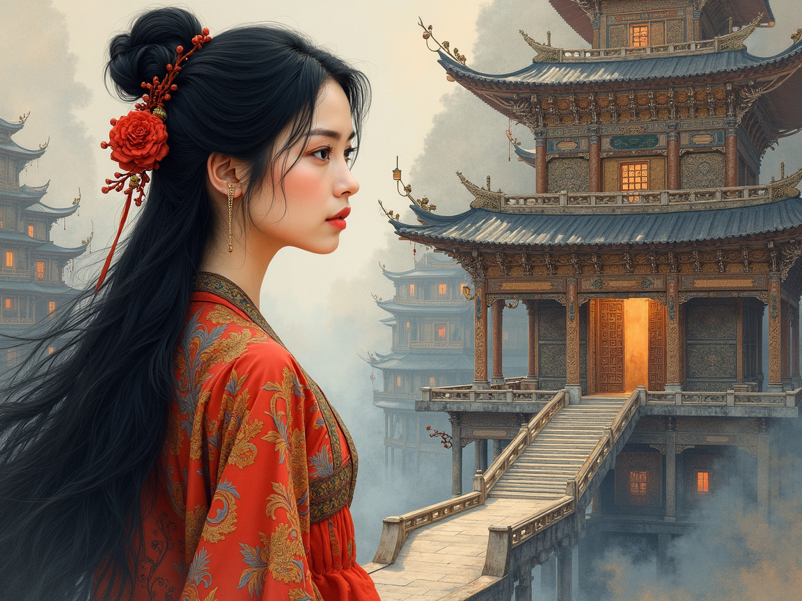 Serene Woman in Red Outfit by Ancient Pagoda