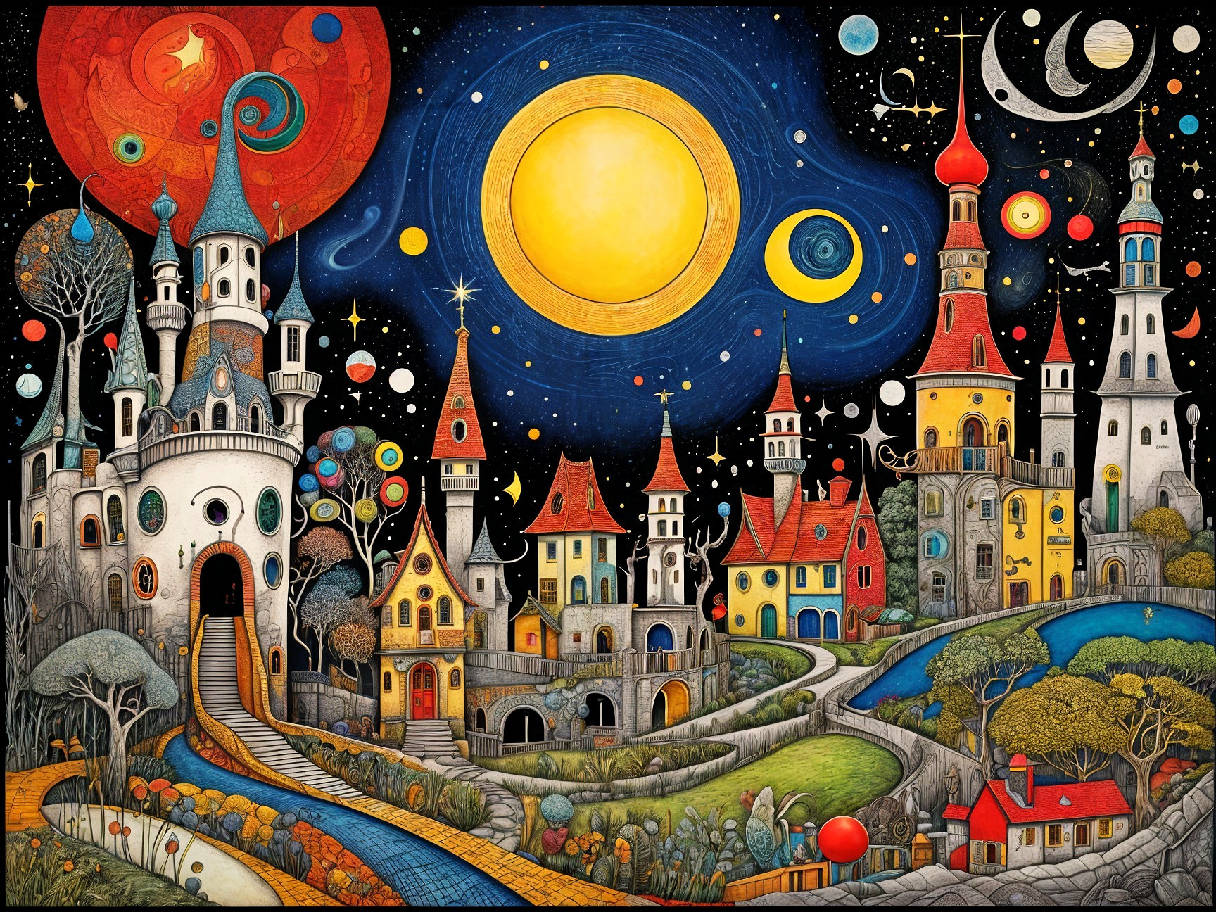 Whimsical Landscape with Colorful Castles and Cosmos