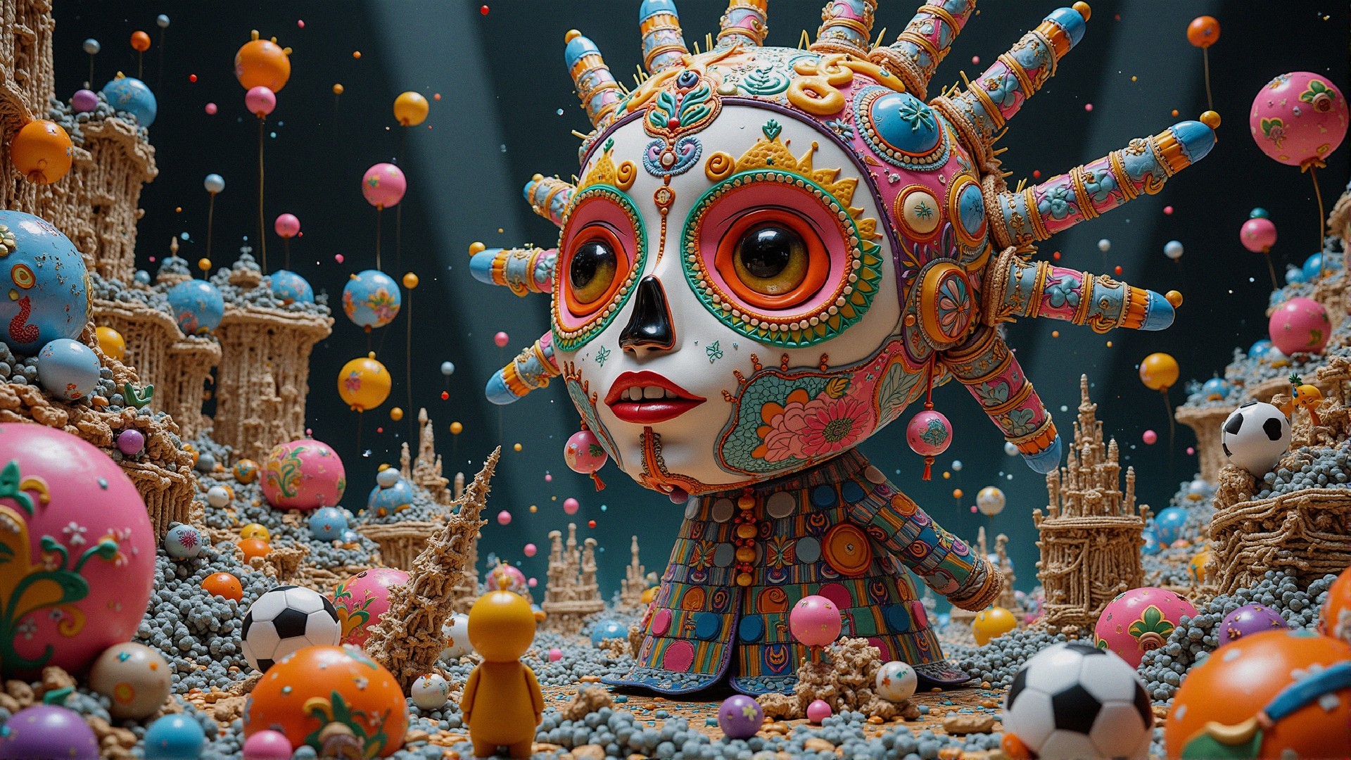 Vibrant Oversized Skull in Whimsical Landscape Scene