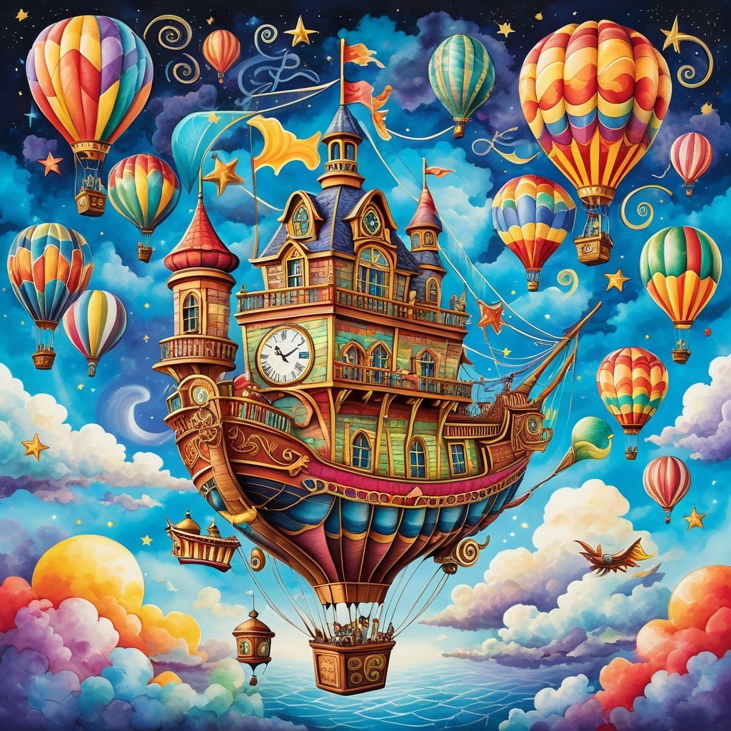 Whimsical Airship Scene with Hot Air Balloons and Sunset