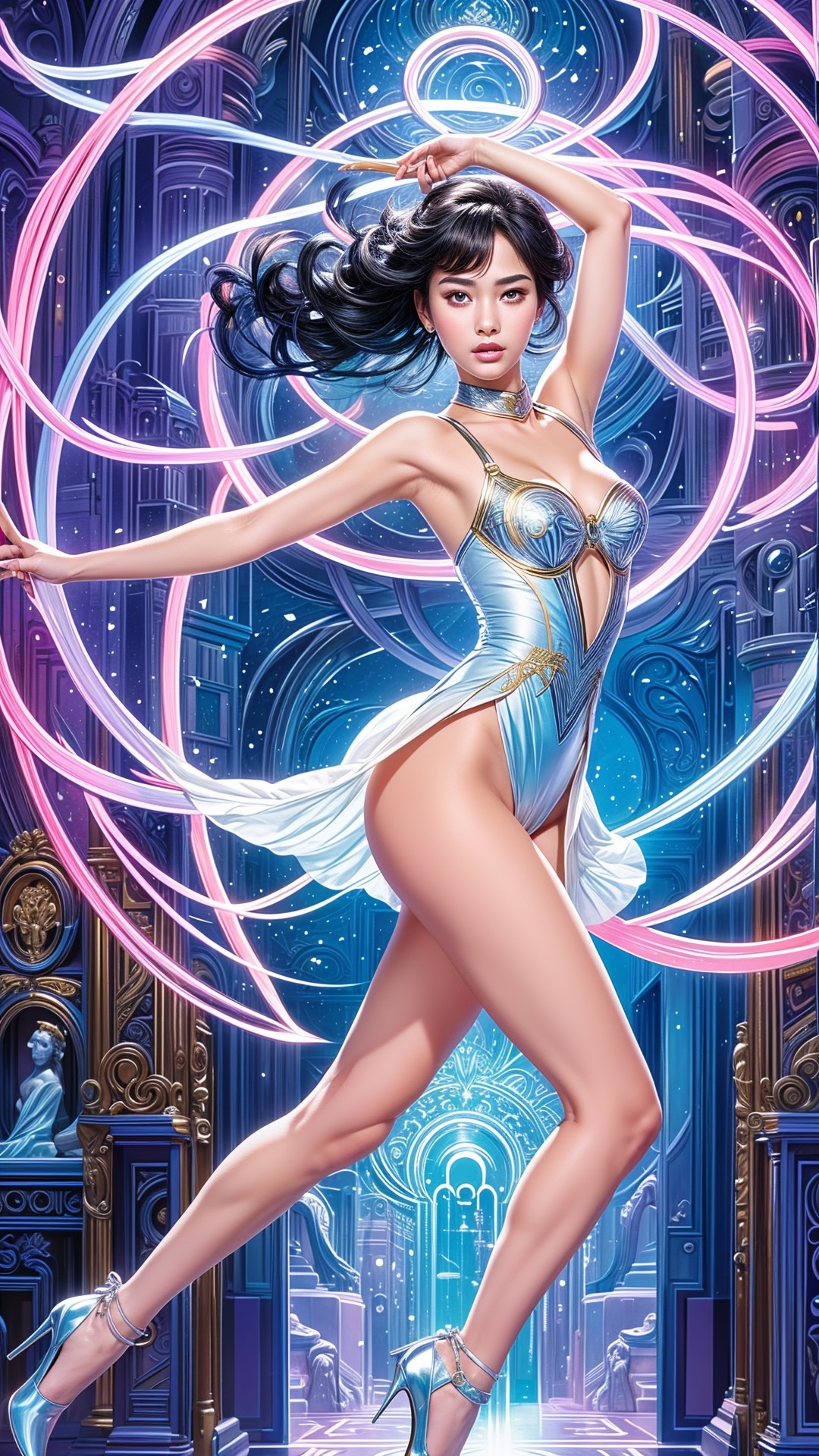 Futuristic Figure in Intricate Architectural Setting