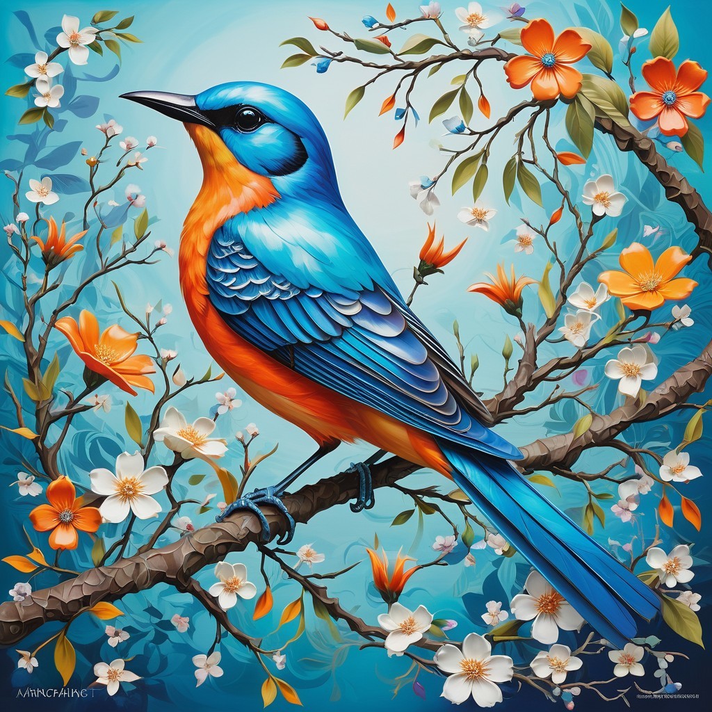 Vibrantly Colored Bird on Floral Branch in Spring Scene