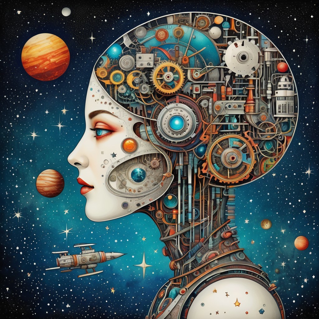 Steampunk Female Profile with Starry Night Background