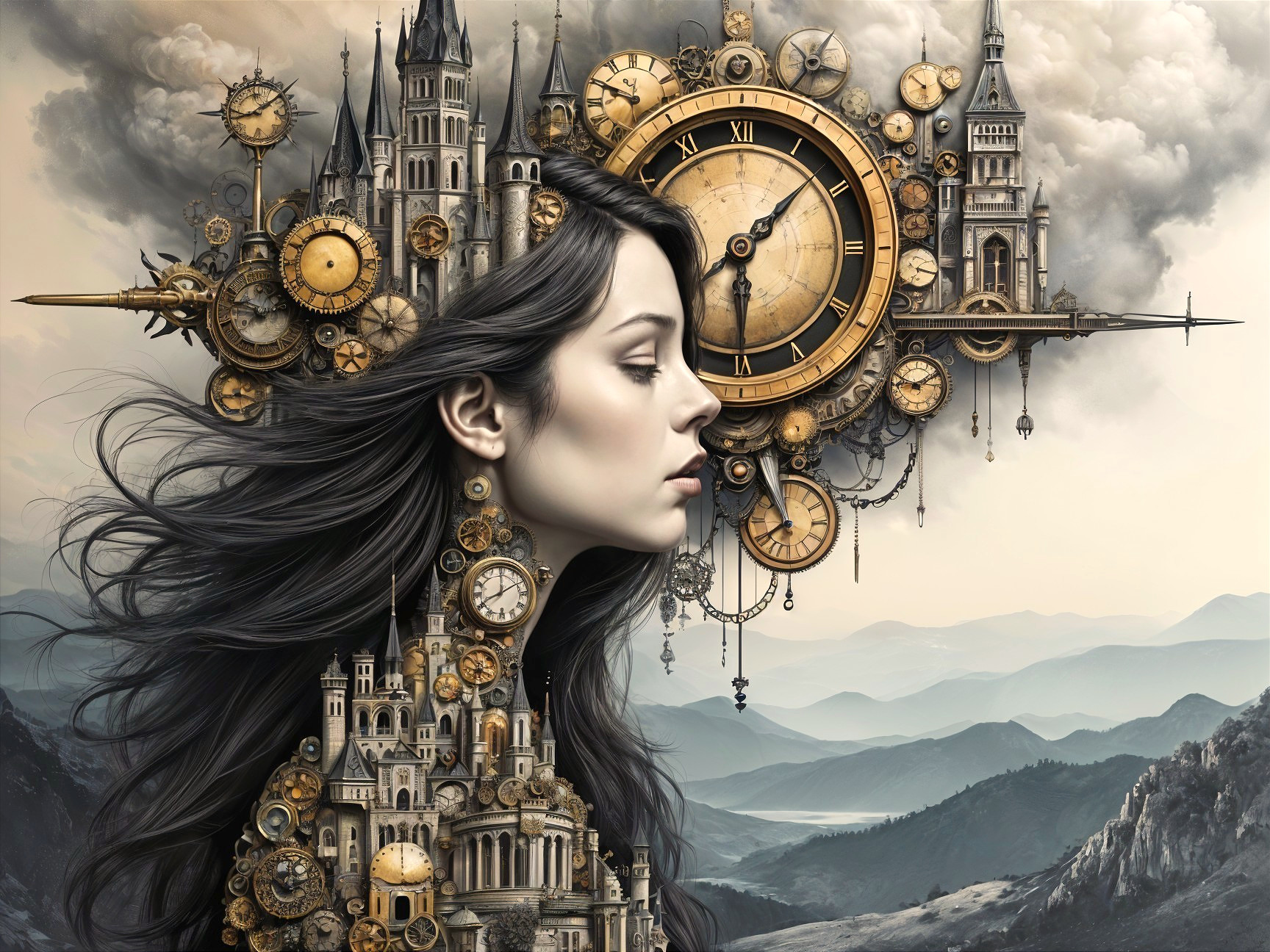 Female Silhouette with Clockwork and Mountain Backdrop