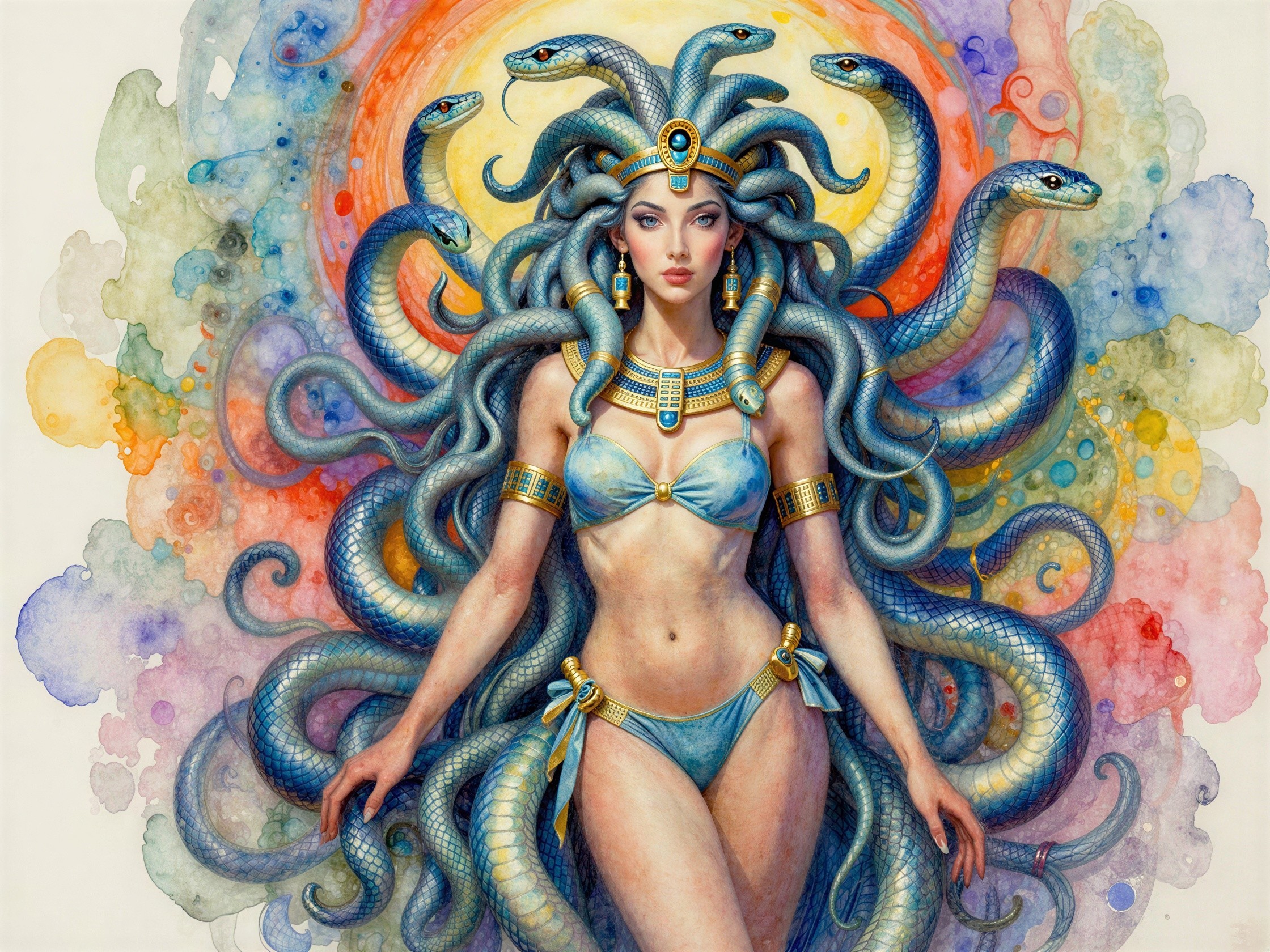 Watercolor Painting of Medusa-like Woman with Snakes