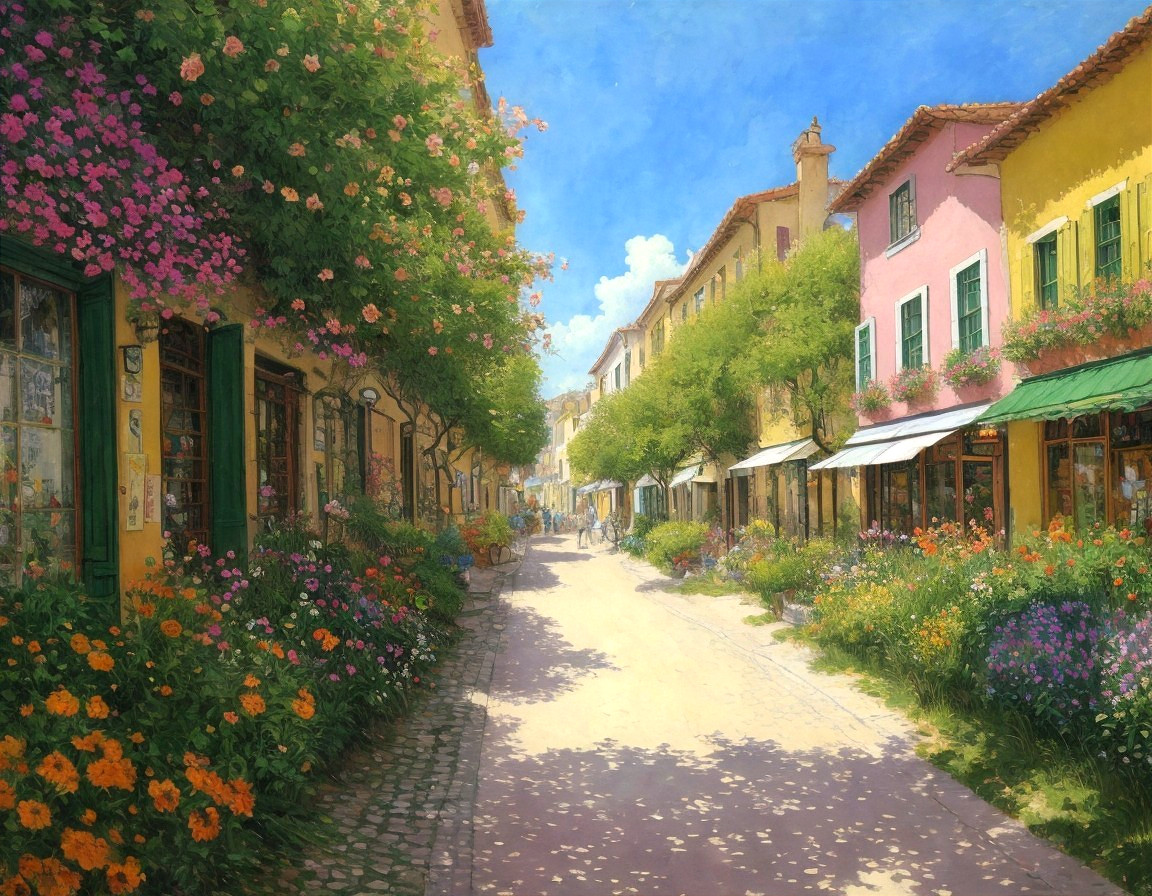 Charming Flower-Filled Shops in a Sunlit Village