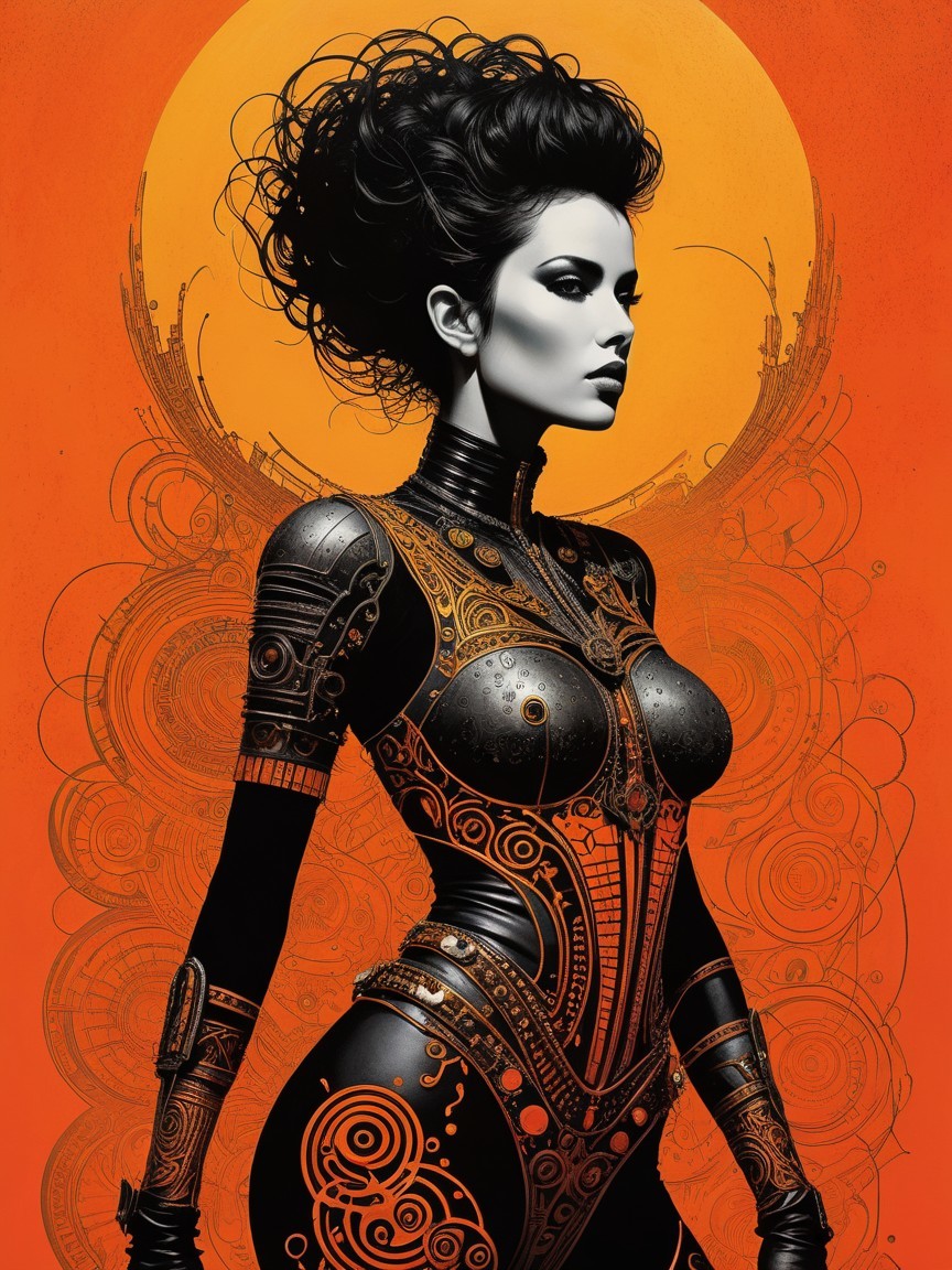 Futuristic Figure in Orange Background with Gold Patterns