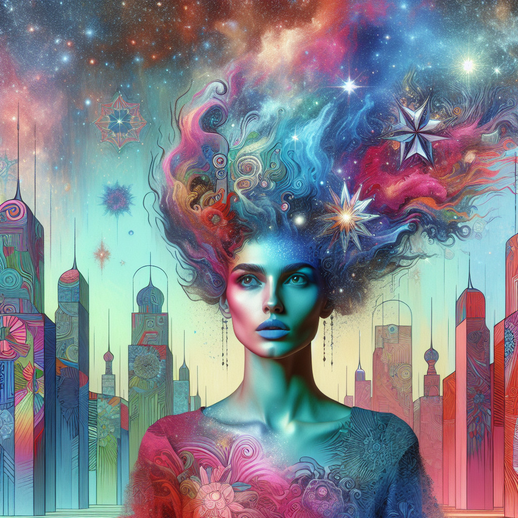 Surreal Illustration of Woman with Cosmic Hair and City