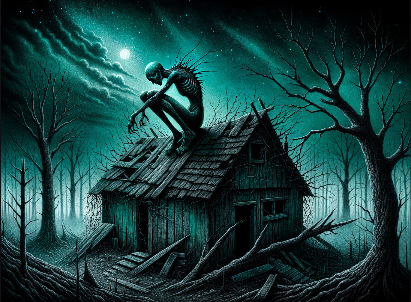 Haunting Scene of Abandoned House Under Moonlight