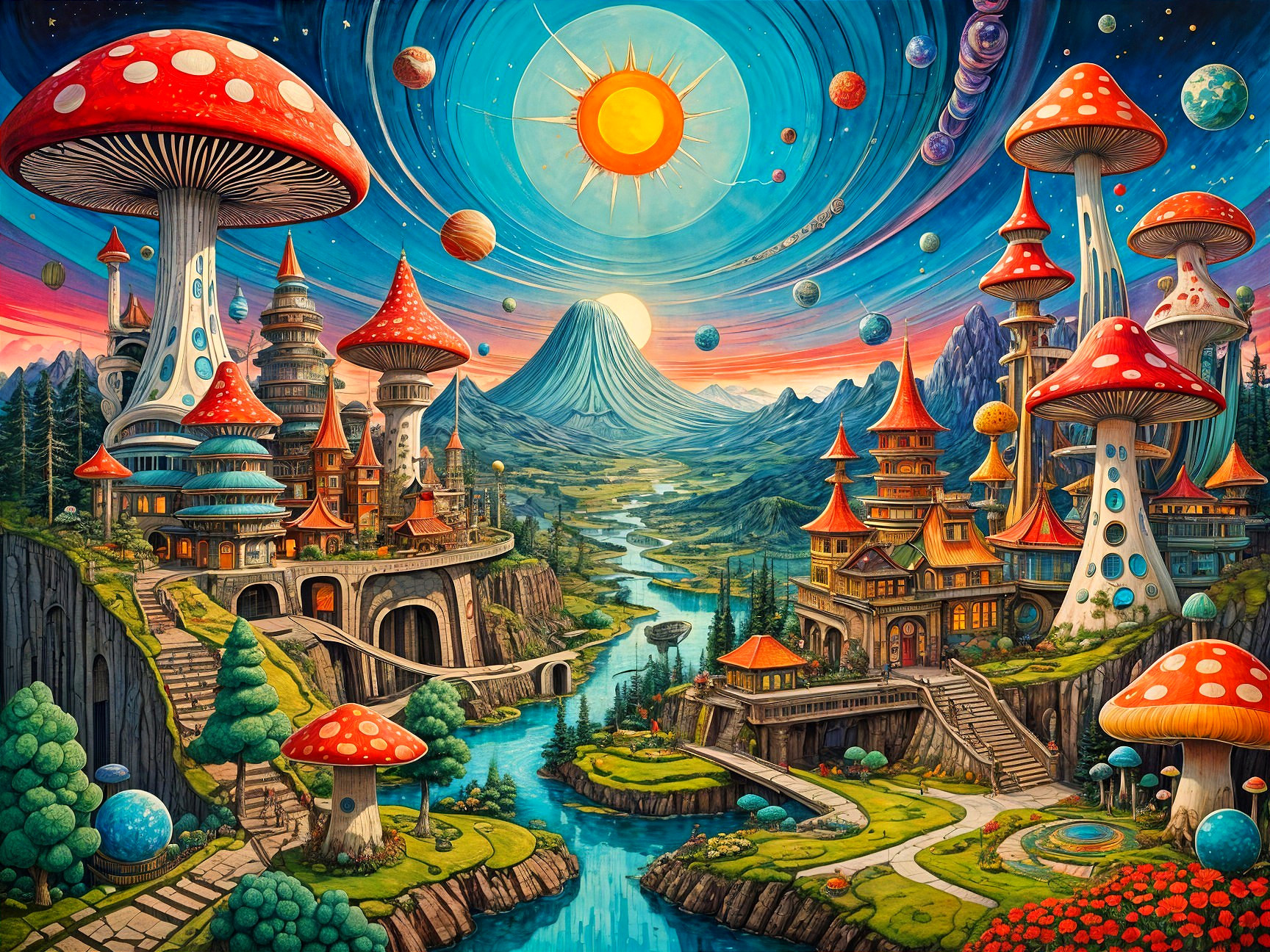 Vibrant Fantasy Landscape with Giant Mushrooms and Spires