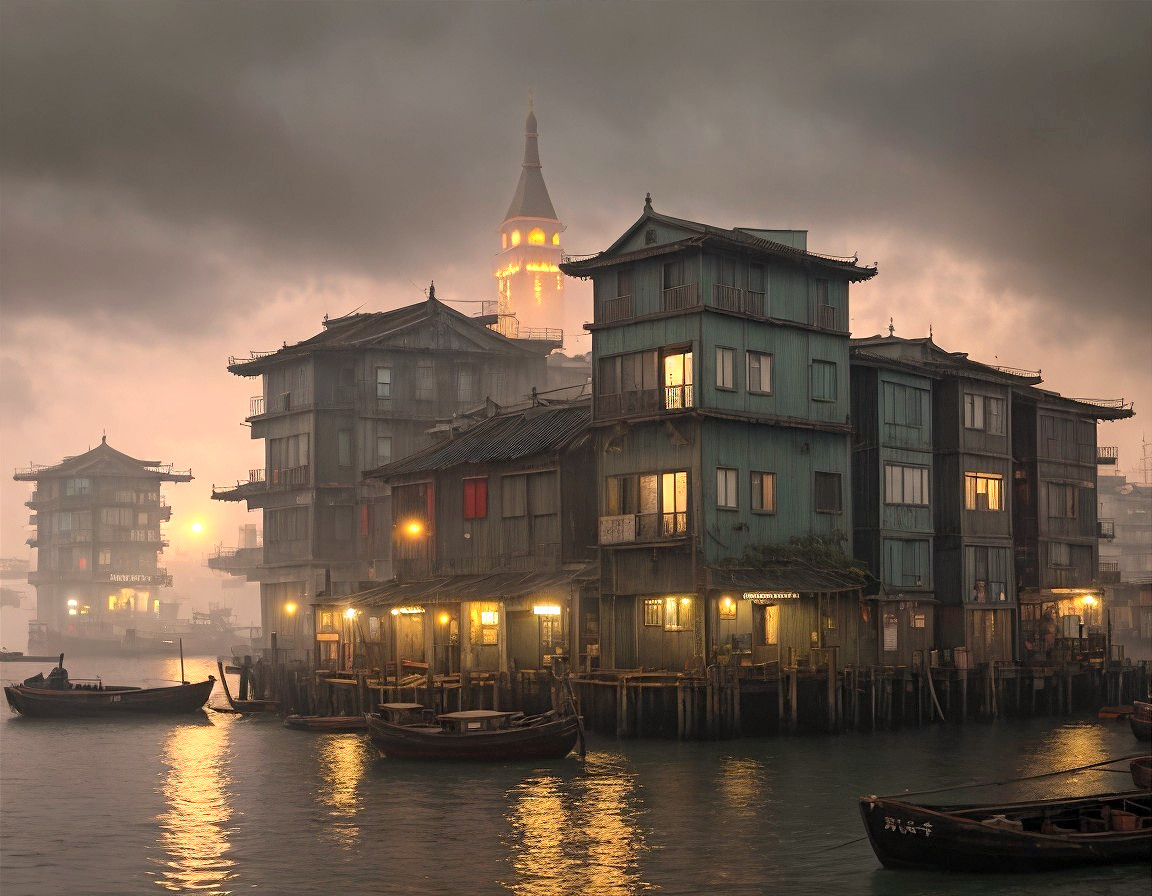 Serene Water Village with Wooden Houses on Stilts