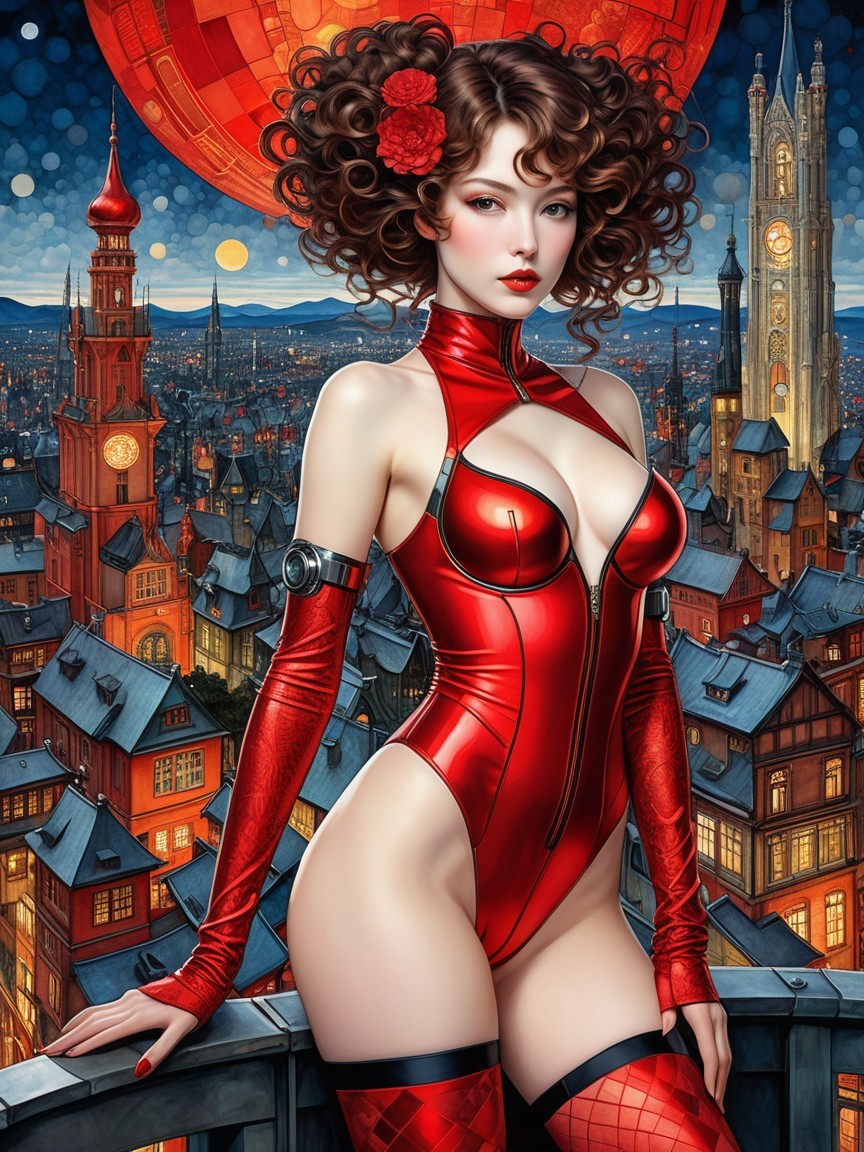 Striking Woman in Red Bodysuit Against Cityscape at Night