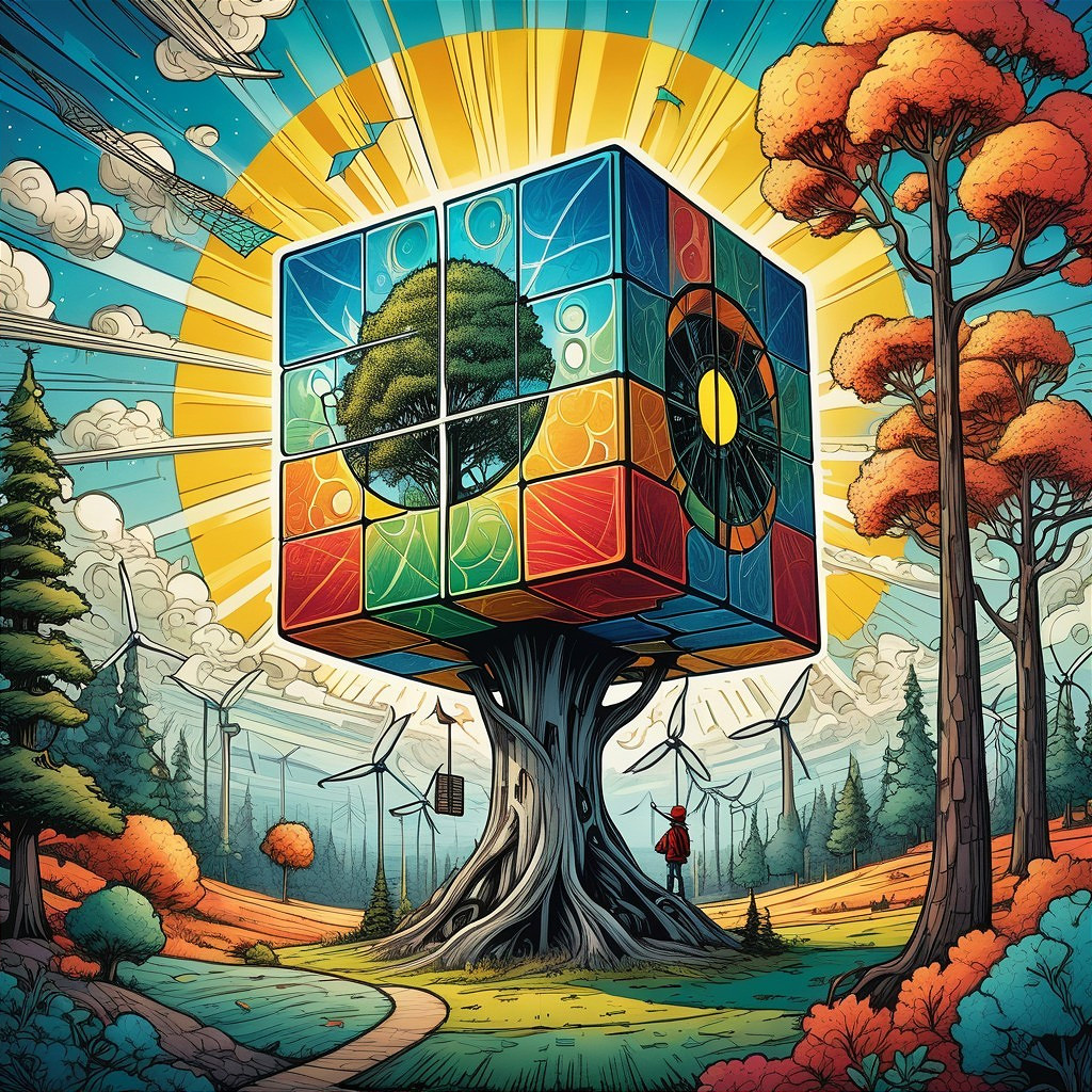 Giant Rubik's Cube in Whimsical Landscape Scene