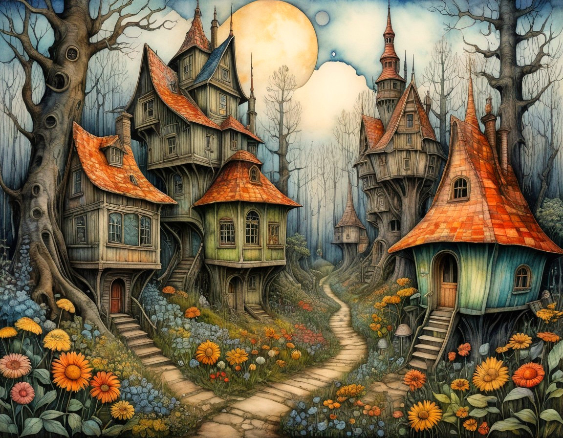 Whimsical Village with Crooked Houses and Moonlight