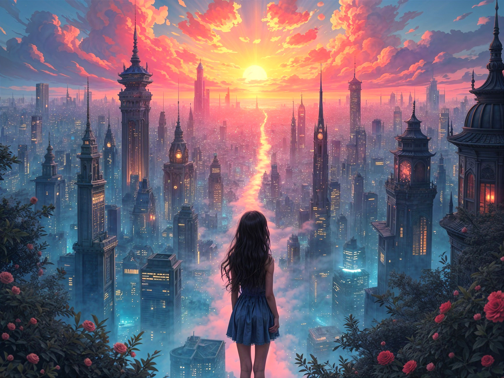Young girl overlooking vibrant cityscape at sunset