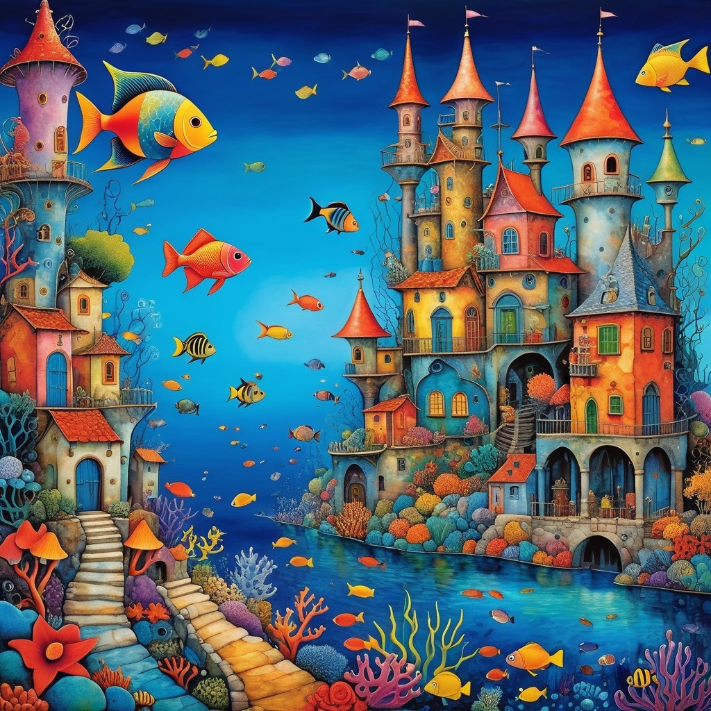 Vibrant Underwater Castle Surrounded by Coral Reefs