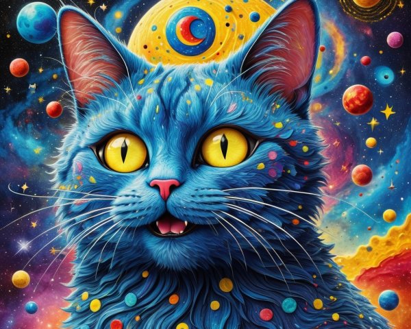 Whimsical Blue Cat Illustration with Cosmic Background