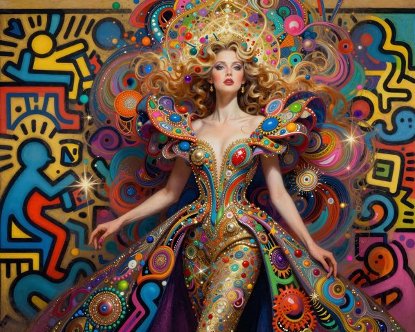 Blonde Woman in Colorful Geometric Dress and Background