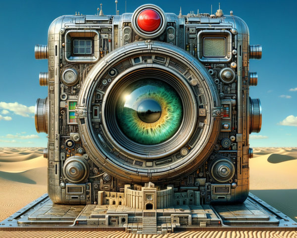 Surreal Oversized Camera in Desert Landscape