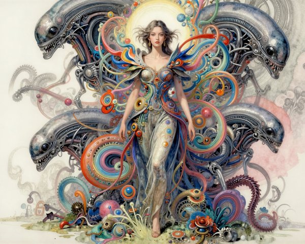 Digital Watercolor of Woman with Alien Creatures