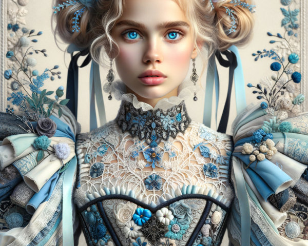 Young woman in floral gown with blue eyes and accessories