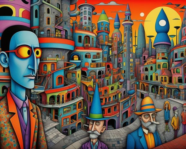 Surreal Cityscape with Whimsical Architecture and Characters