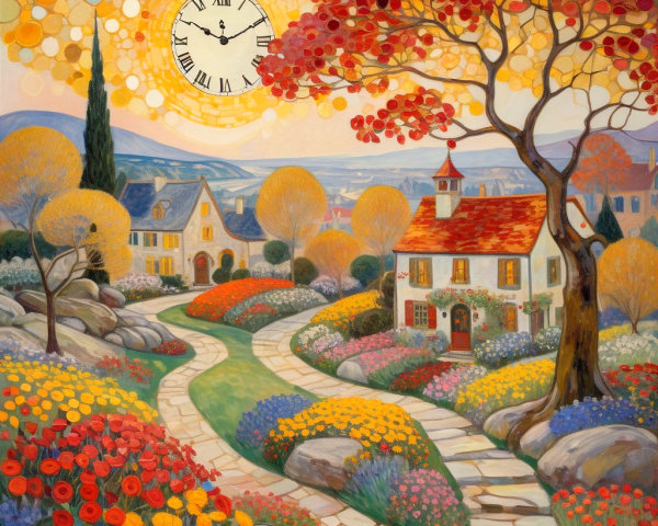 Vibrant Whimsical Landscape with Colorful Flowers and Houses