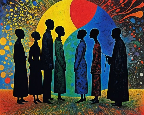 Silhouetted Figures Against Vibrant Abstract Background