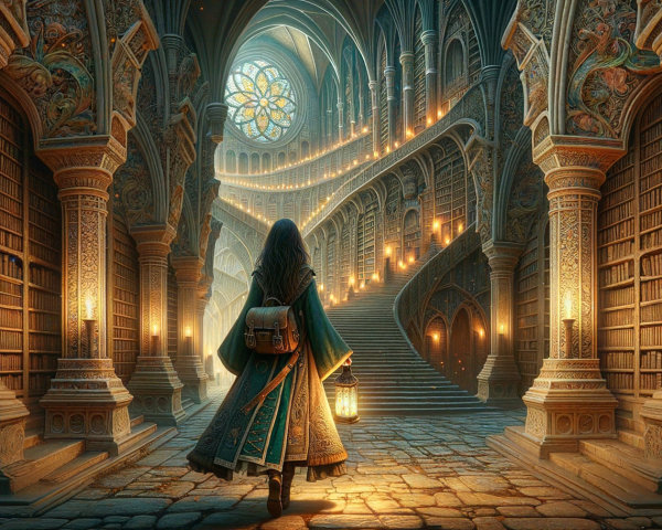 Cloaked Figure in Enchanted Library with Stained Glass