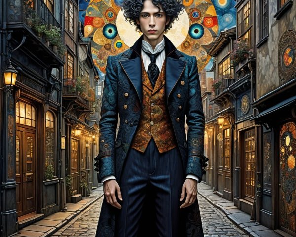 Victorian-Inspired Fashion in a Cobblestone Street