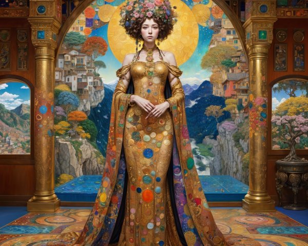 Regal Figure in Ornate Golden Gown in Lavish Room