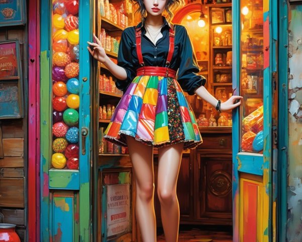 Young Woman in Colorful Candy Shop Doorway