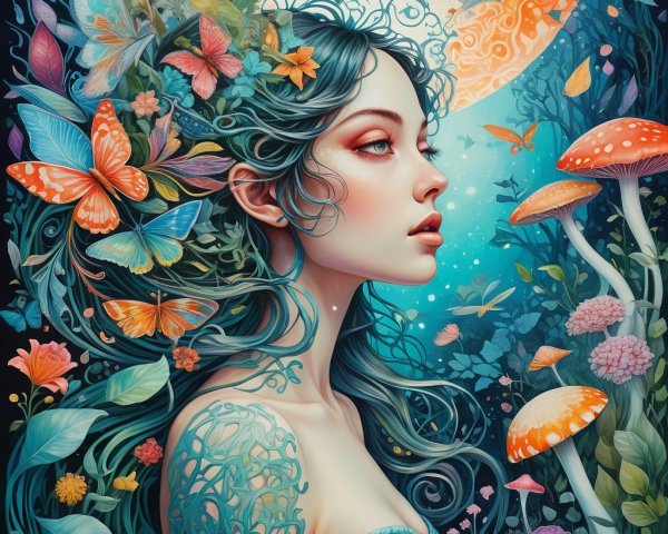 Ethereal Woman in Enchanted Forest with Moonlight