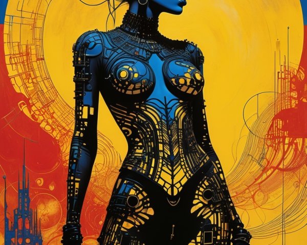 Silhouette of Woman with Circuit Patterns in Vibrant Colors