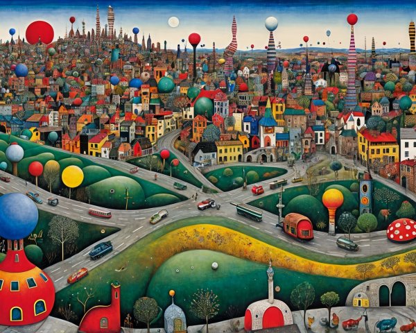 Vibrant Cityscape with Colorful Buildings and Balloons
