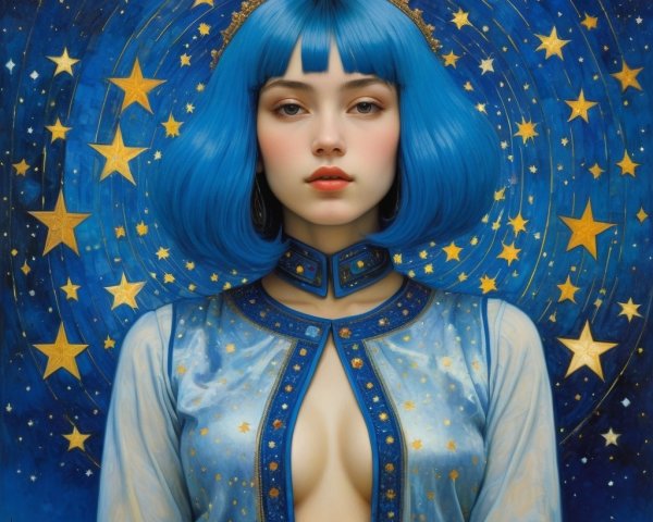 Portrait of a Young Woman with Blue Hair and Stars