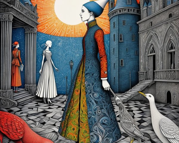 Whimsical Figure in Colorful Gown in Surreal Landscape