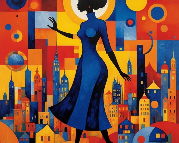 Abstract Composition with Woman in Blue Dress and Cityscape