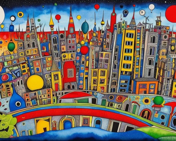 Vibrant Cityscape with Whimsical Buildings and Balloons