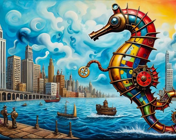 Surreal Steampunk Seahorse in Urban Harbor Scene