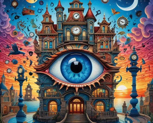 Whimsical Clock Tower with Blue Eye and Sunset Scene